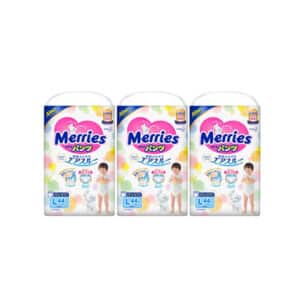 Three packs of Merries diapers with baby illustrations and colorful designs.