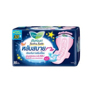 Packaging of Laurie Soft & Safe sanitary pads, 16 pieces, featuring night protection and 30 cm length details in a mix of English and Thai text.