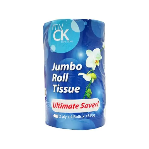 A blue package of myCK Jumbo Roll Tissue is shown, featuring white orchids. Text on the package reads Ultimate Saver! and indicates it contains 2-ply, 4 rolls, weighing approximately 550g.