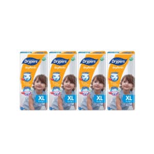 Four packs of Drypers Drypantz XL diapers, each containing 32 pieces.