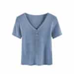 Blue ribbed short-sleeve shirt with a V-neck design. The shirt features three small buttons on the front, providing a simple and casual look.