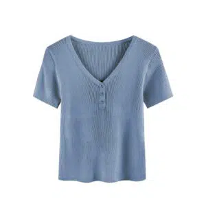 Blue ribbed short-sleeve shirt with a V-neck design. The shirt features three small buttons on the front, providing a simple and casual look.