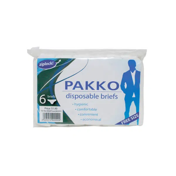 Clear packaging of Pakko disposable briefs with a silhouette of a man on the front. Labeled as hygienic, comfortable, convenient, economical. Pack contains 6 briefs, priced at $1.90.