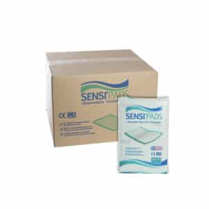 Box and pack of Sensi Pads disposable absorbent underpads.