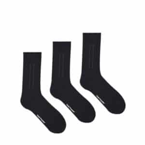 Single black sock with white label printed 